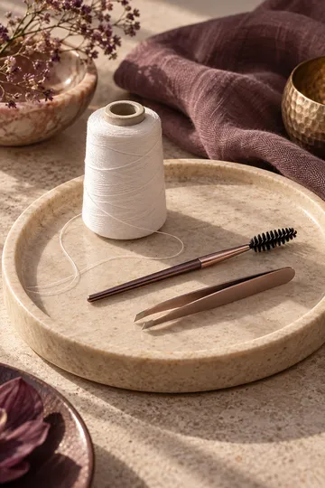 Brow tools and cotton thread on a tray — conceptual still life