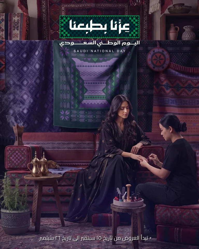 Beauté National Day campaign artwork: a manicure in a Saudi-inspired interior