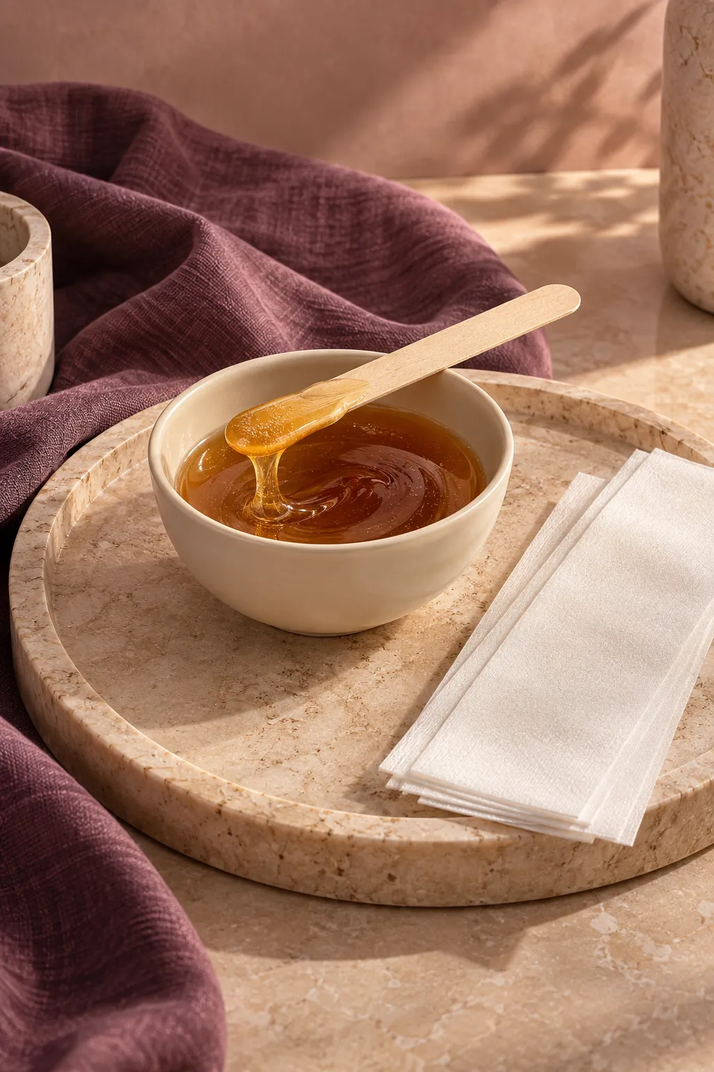 Wax bowl, wooden applicator and cotton strips — conceptual still life