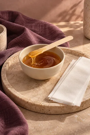 Wax bowl, wooden applicator and cotton strips — conceptual still life